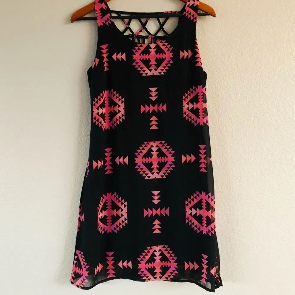 Heartsoul Black Pink Aztec Tribal Print Summer Sun Dress S